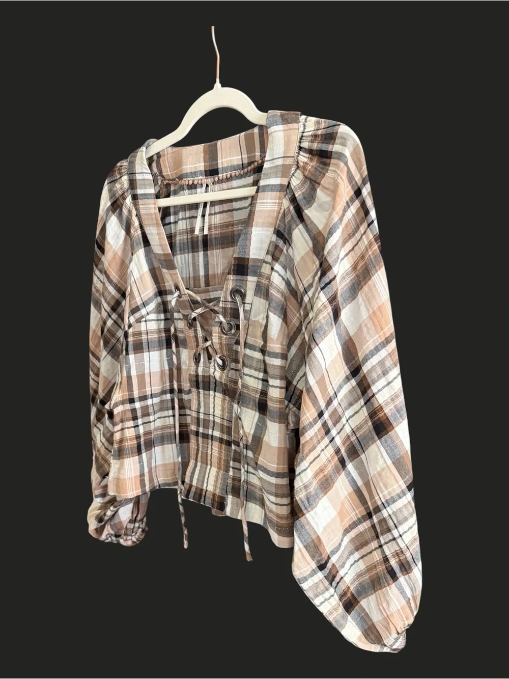 ANTHROPOLOGIE Long-Sleeve Lace-up Dolman Blouse Neutral Pattern Plaid S - Picture 5 of 12